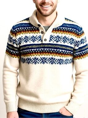 CHAPS by Ralph Lauren cotton fair isle sweater button mock neck cream size large